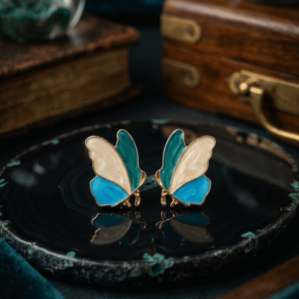 Butterfly Stud Earrings, Gold Tone with Green and Blue Enamel Wings