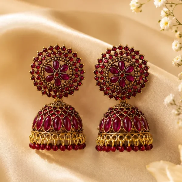 Heavy Maroon Stone Jhumka Earrings