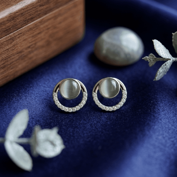 Cat's Eye Moonstone Halo Stud Earrings