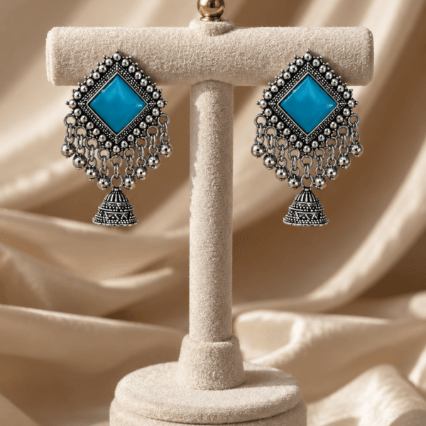 Emerald Oxidised Skyblue Jhumka Earrings
