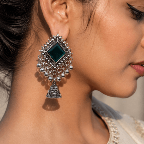 Emerald Oxidised Jhumka Earrings