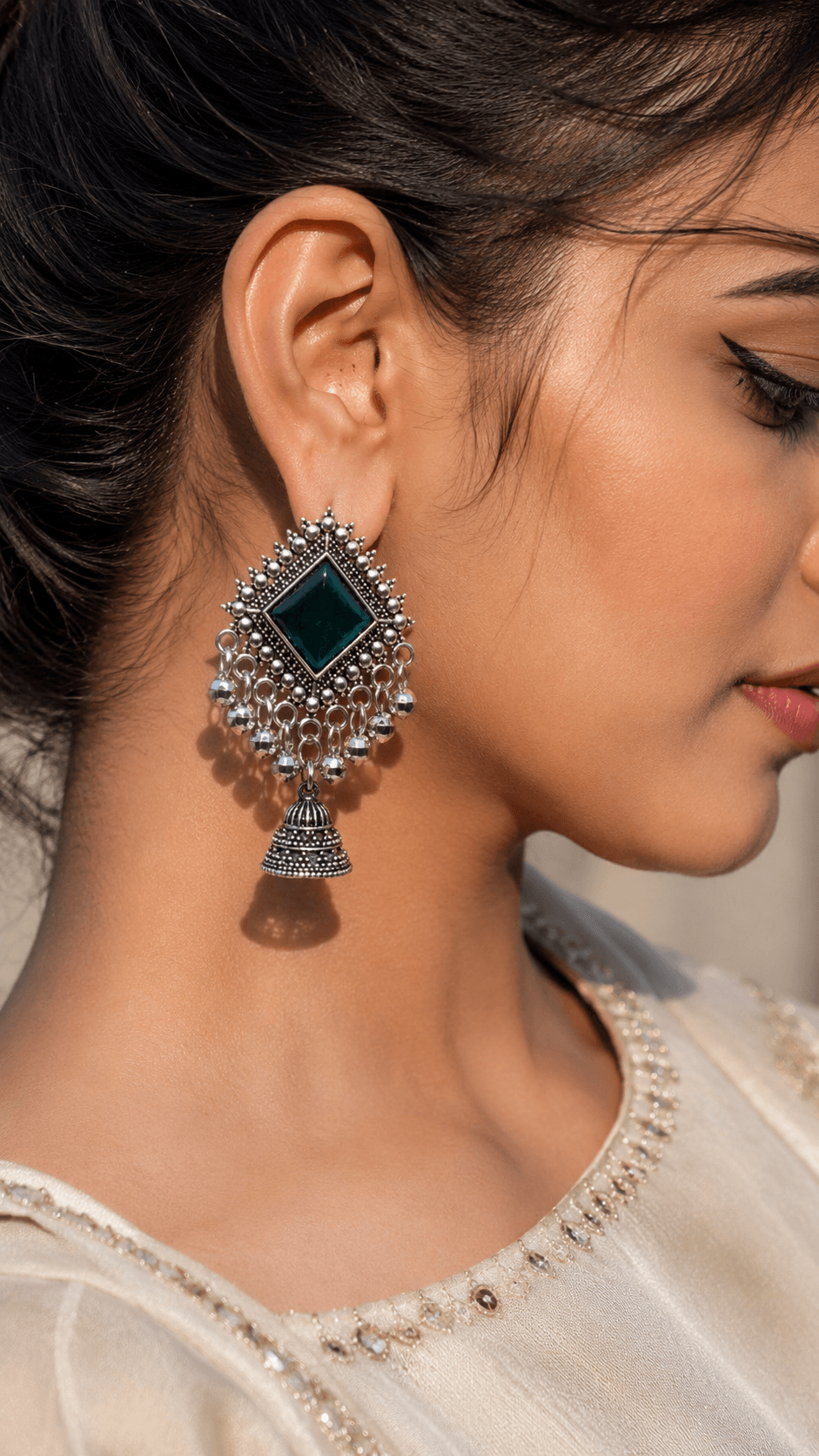 Emerald Oxidised Jhumka Earrings Emerald Oxidised Jhumka Earrings